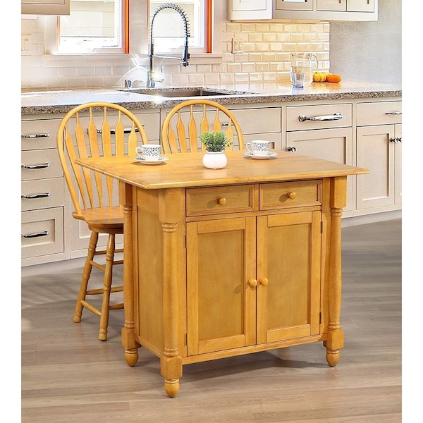 Fine-Line Drop Leaf Kitchen Island Set with 2 Swivel Stools Drawers & Storage - Light Oak 3 Piece FI2494938 - main